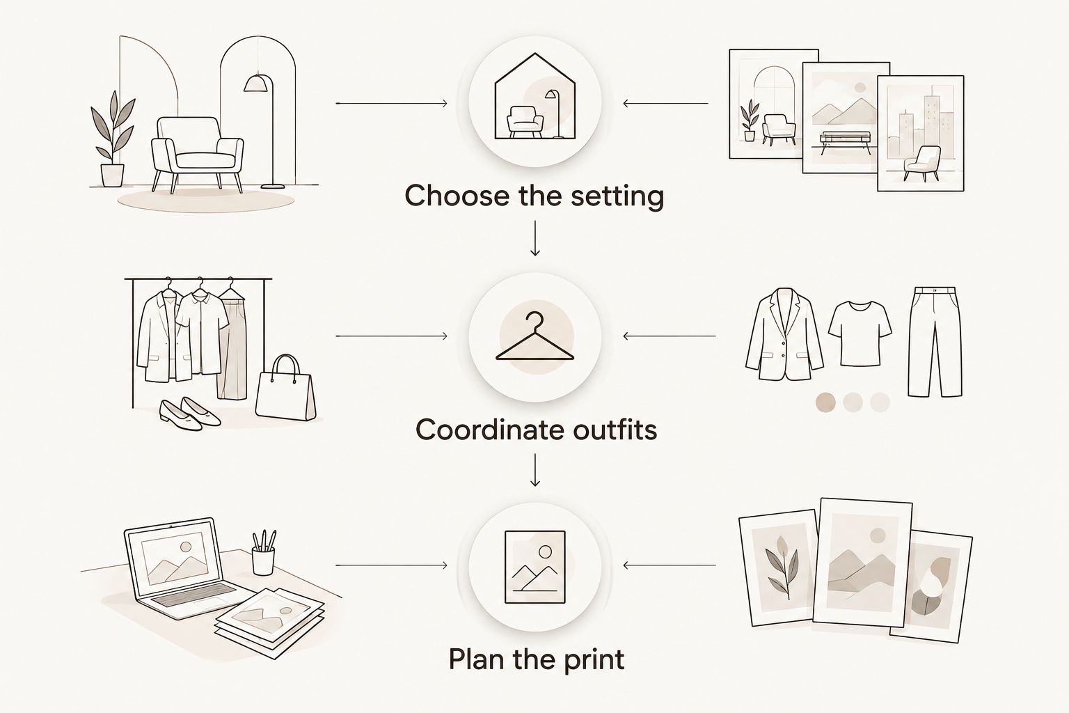 Three planning stages: choose the setting, coordinate outfits, and plan the print.