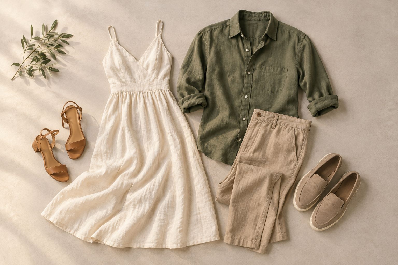 Cream linen dress beside an olive shirt and tan trousers, showing coordinated rather than matching outfits.