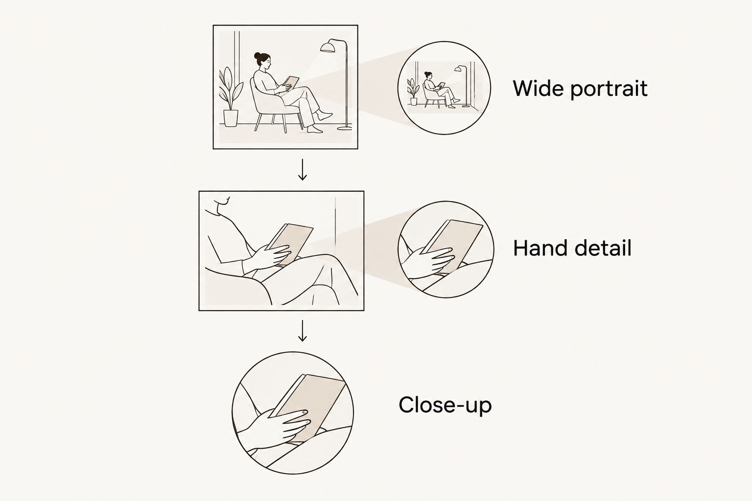 A portrait sequence moving from a wide couple portrait to a hand detail and ring close-up.