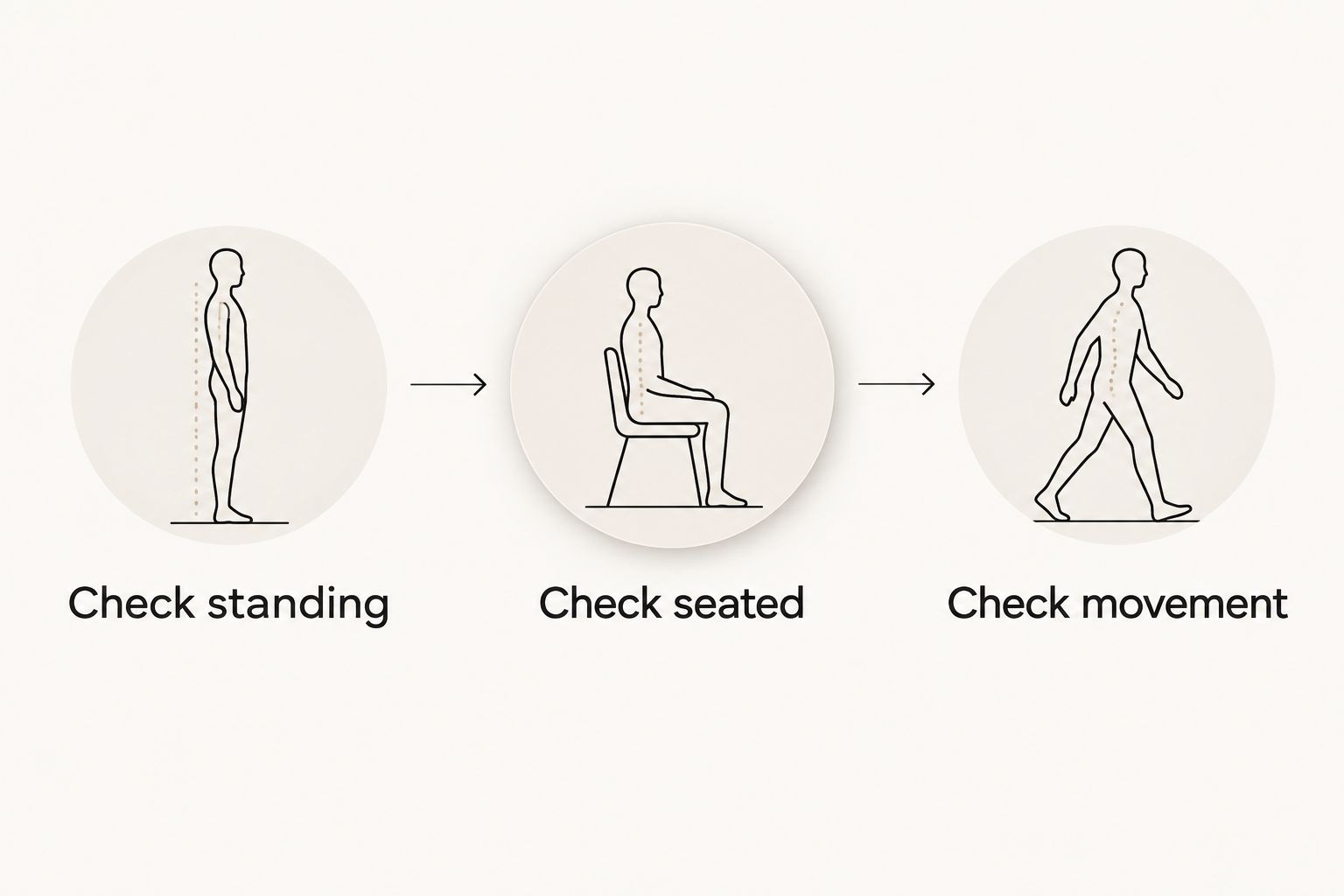 Three outfit checks covering standing posture, seated fit, and natural movement.