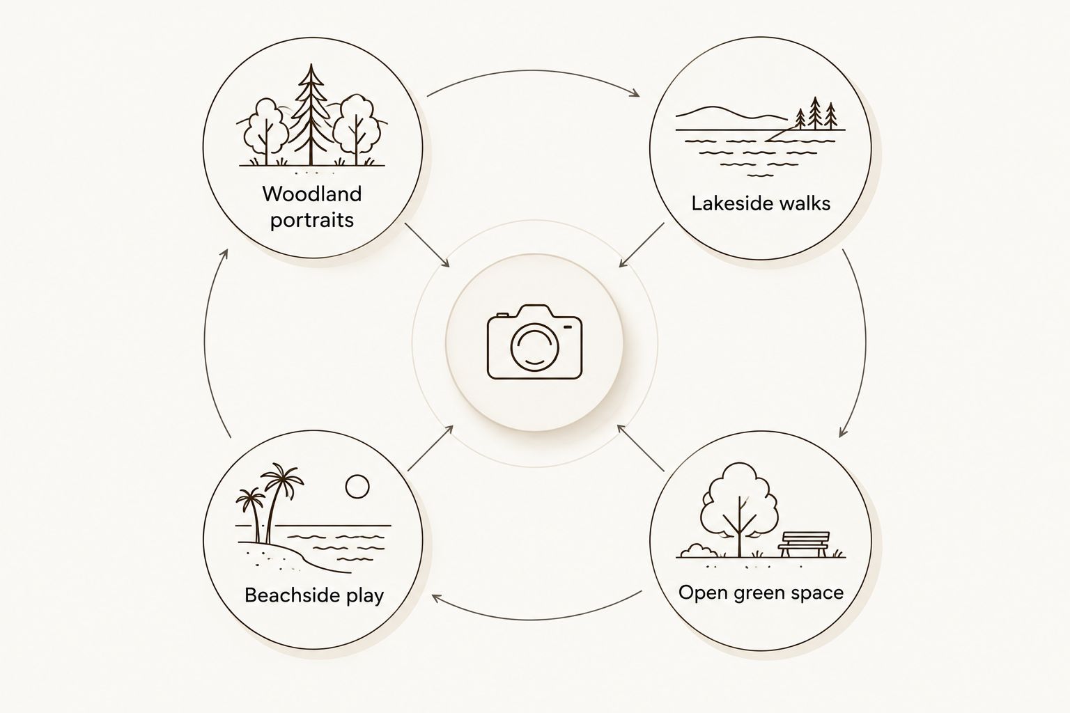 Four family portrait settings: woodland, lakeside walks, beachside play, and open green space.