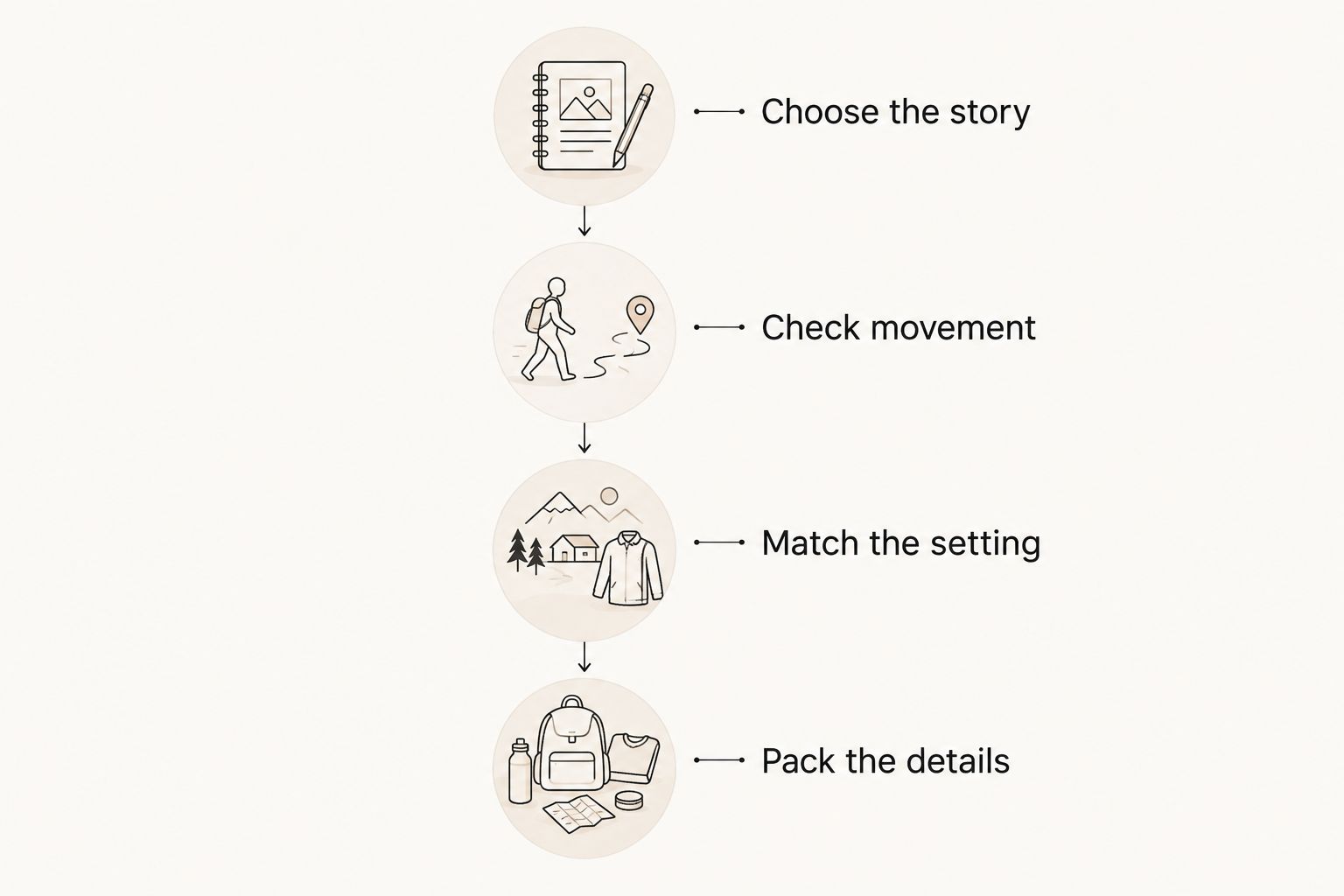 Four outfit preparation stages from choosing the story to packing the details.